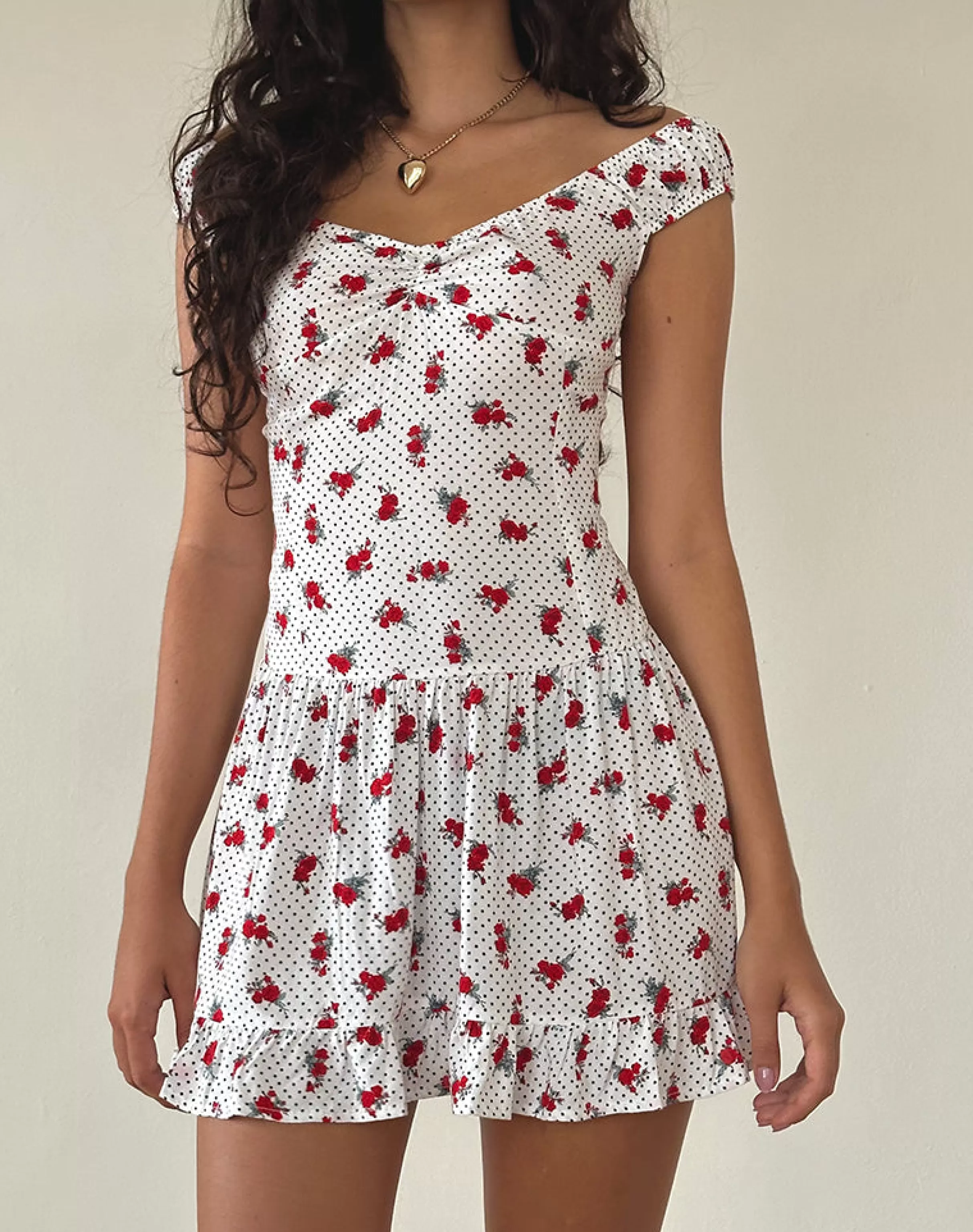 Cheap Aca Bardot Mini Dress In White Rose Polka STRAWBERRY GIRL | DAY DRESSES