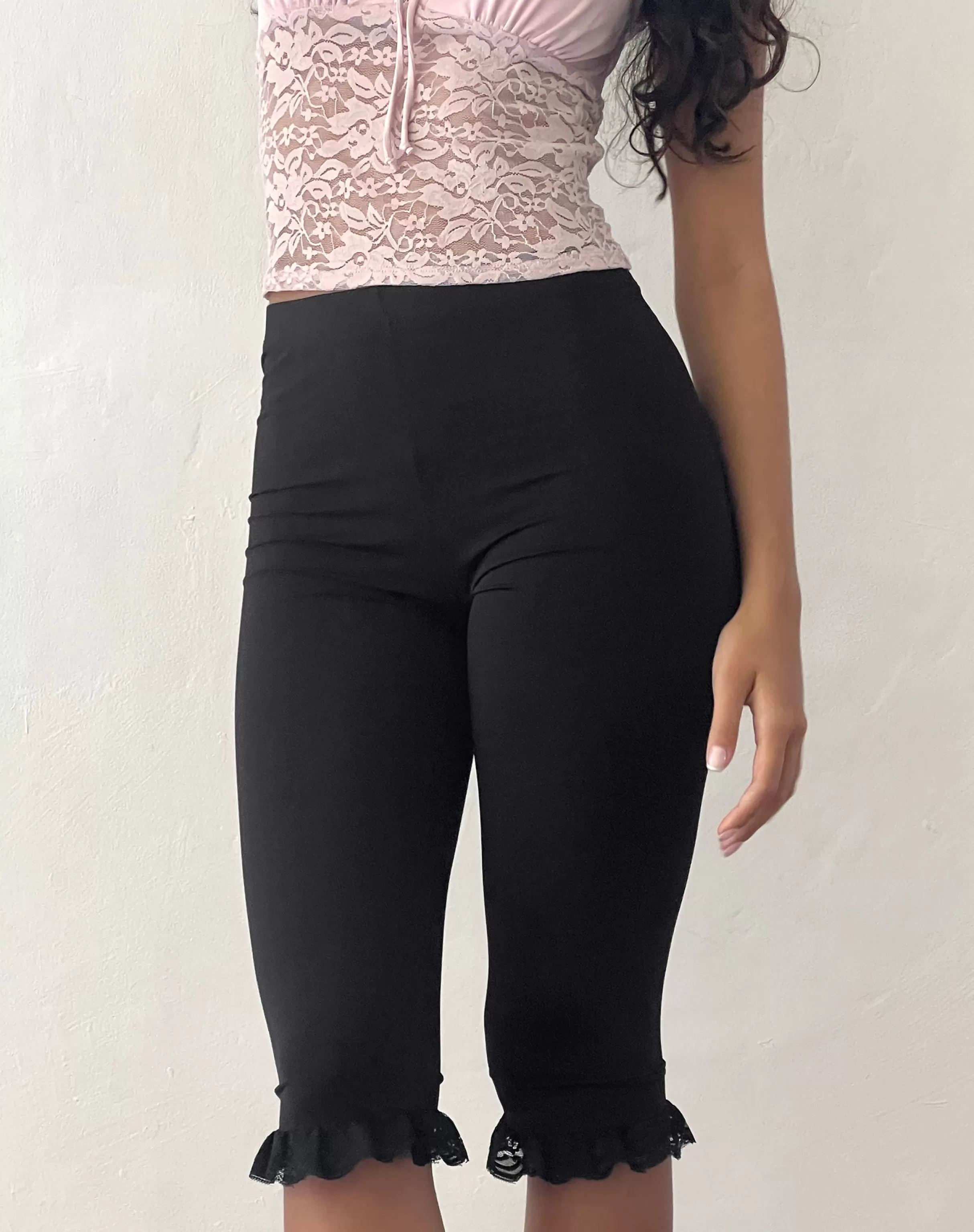 Clearance Annika Lace Frill Capri Trouser In Black SALE TROUSERS | LOW RISE TROUSERS