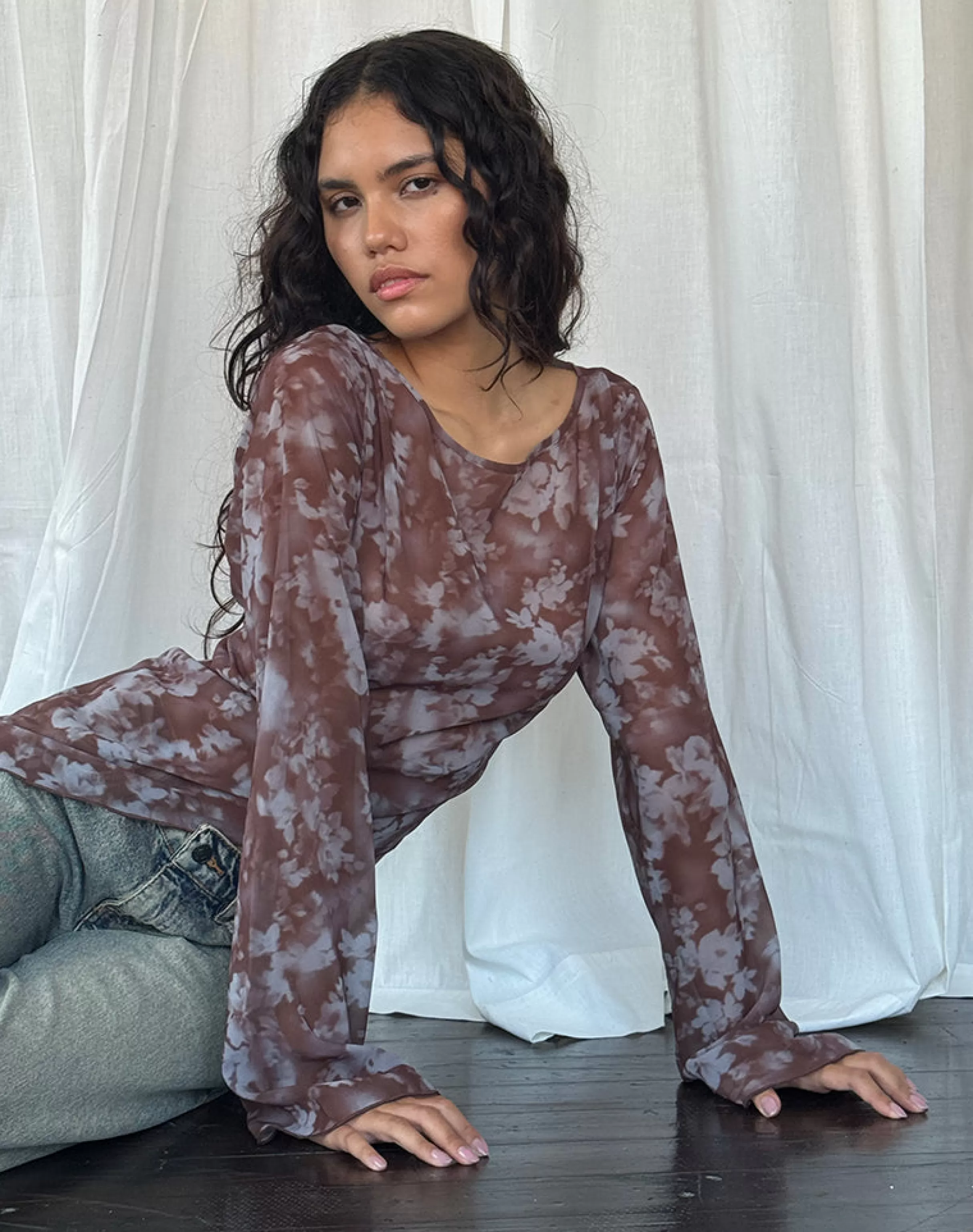 Best Sale Arcelia Long Sleeve Mesh Top In Botanical Shadow Brown PRINTED TOPS | LONG SLEEVE TOPS