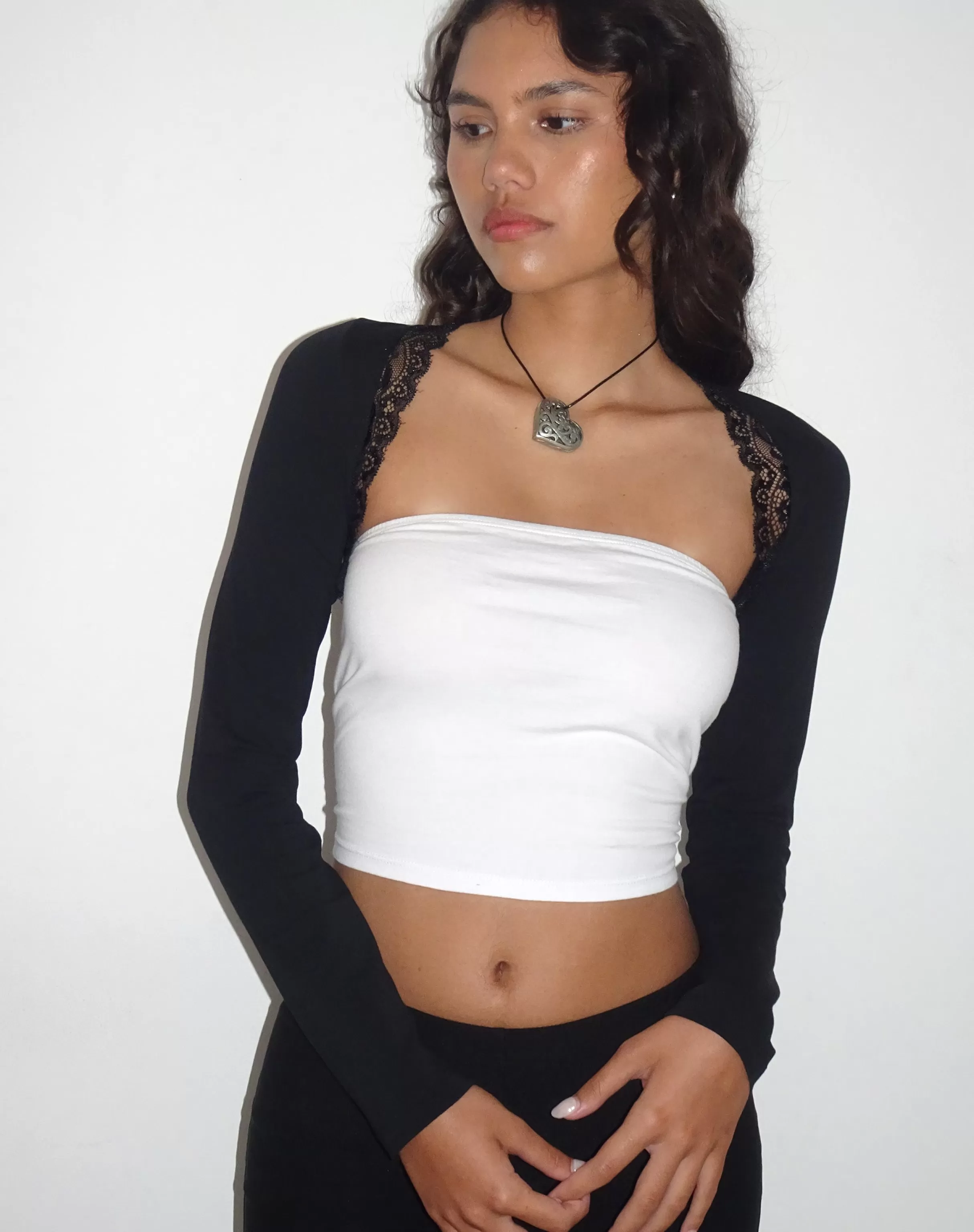 Cheap Avya Lace Trim Shrug Top In Lycra Lace Black SHRUG TOPS