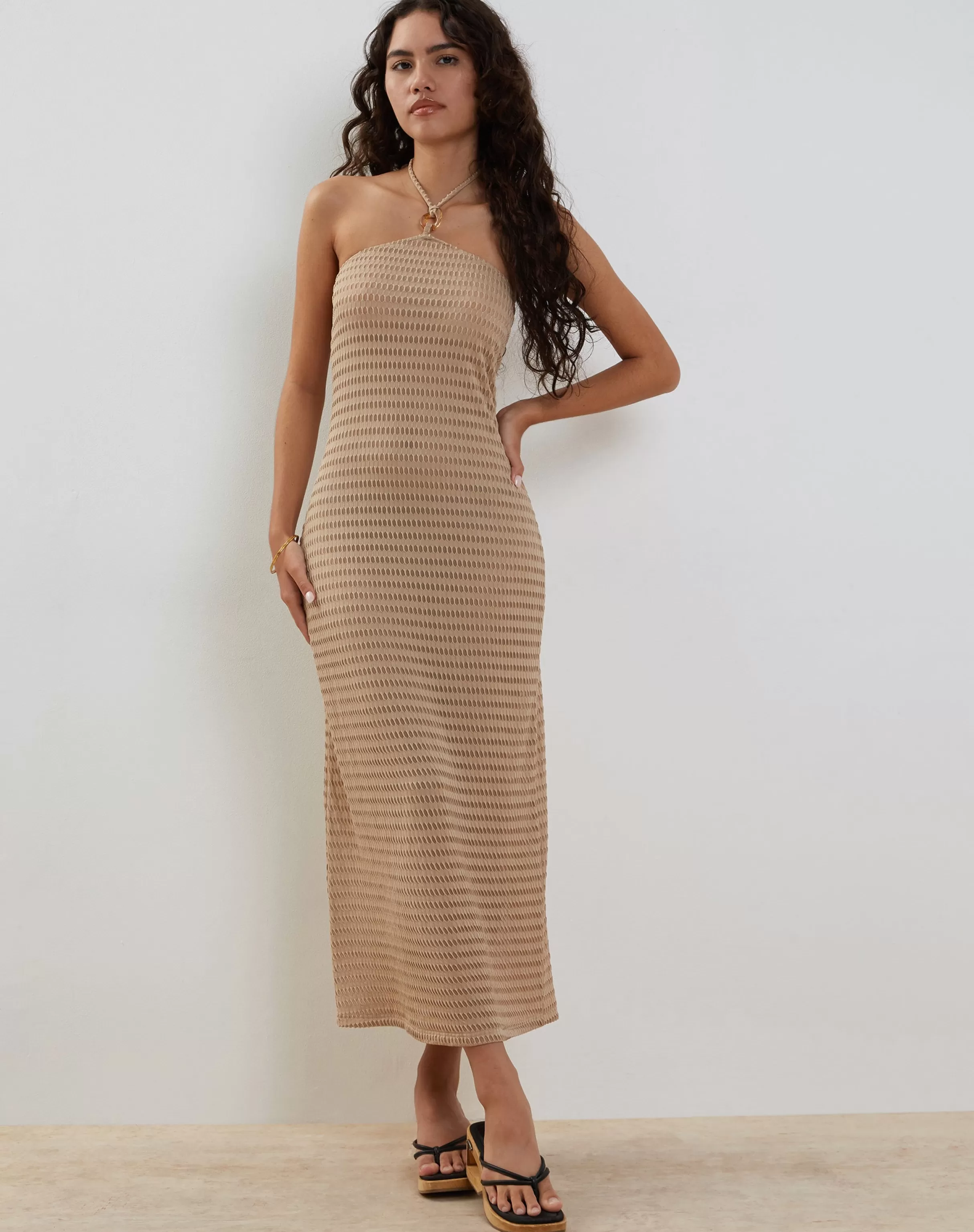 Cheap Emersyn Waffle Knit Halterneck Midi Dress In Oat SALE KNITWEAR