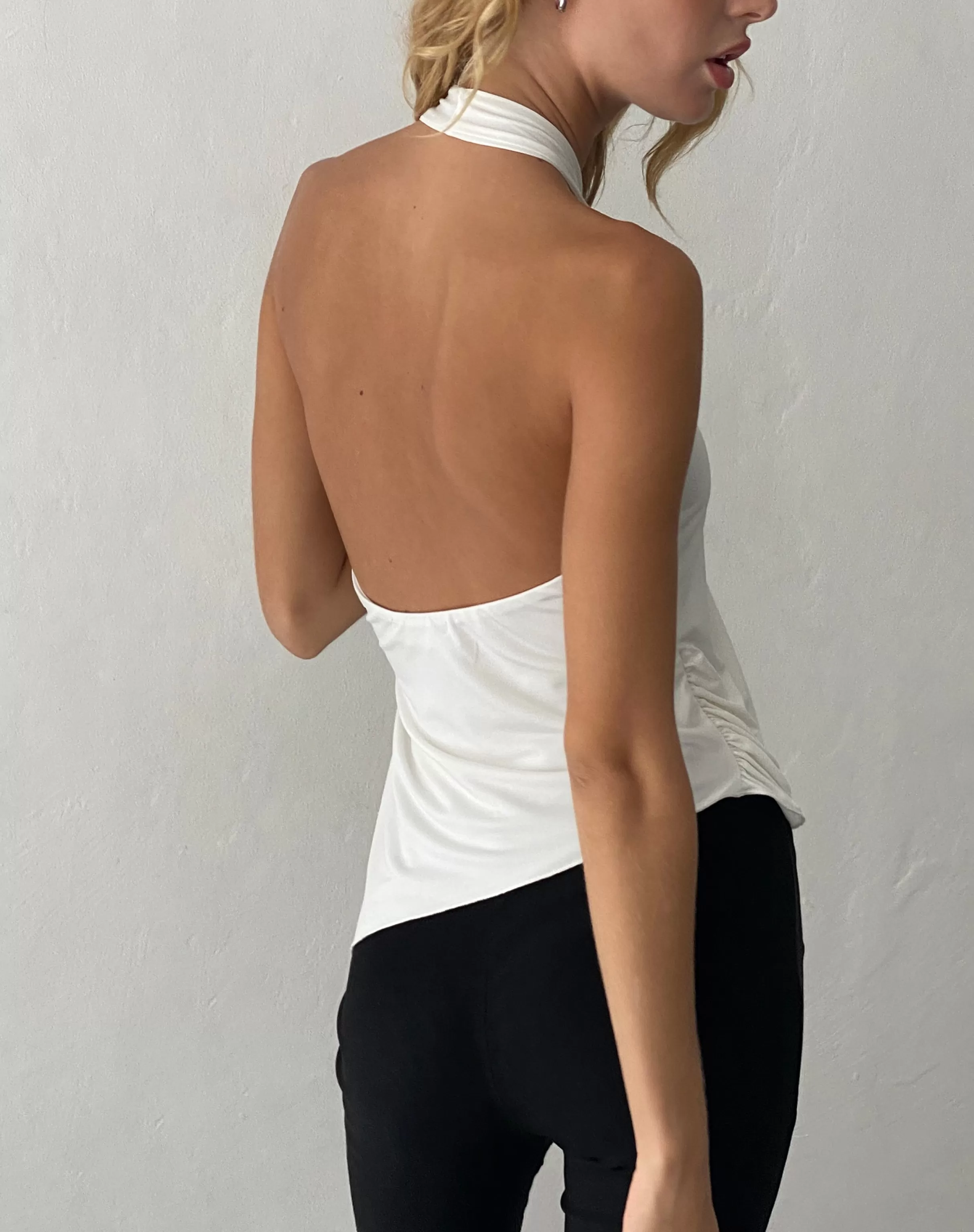 Cheap Farah Halter Asymmetric Plunge Top In Ivory HALTERNECK TOPS