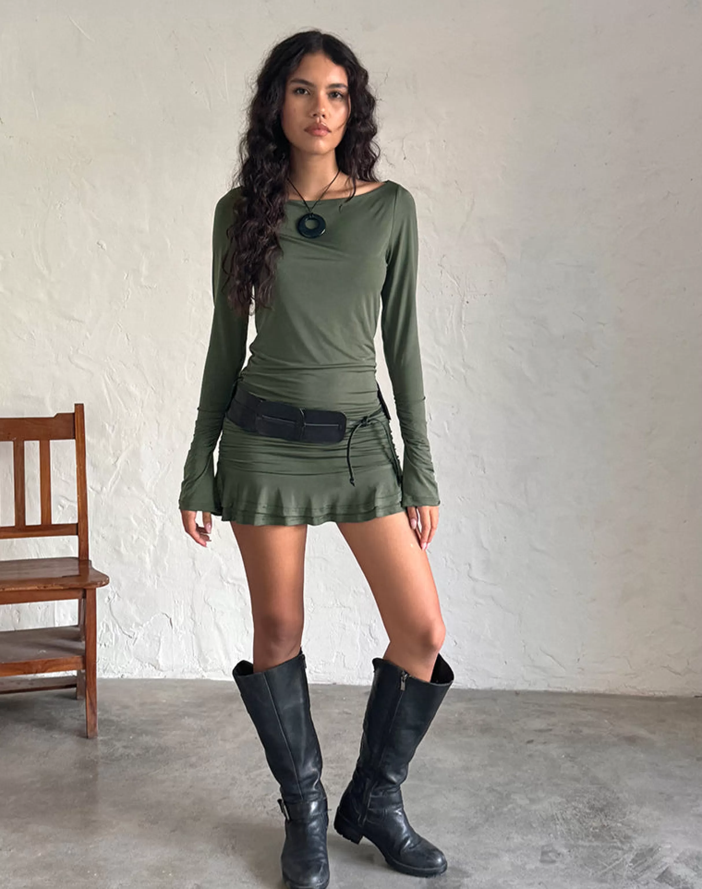 Best Sale Gillian Long Sleeve Mini Dress In Slinky Khaki NEVERMORE | BASICS