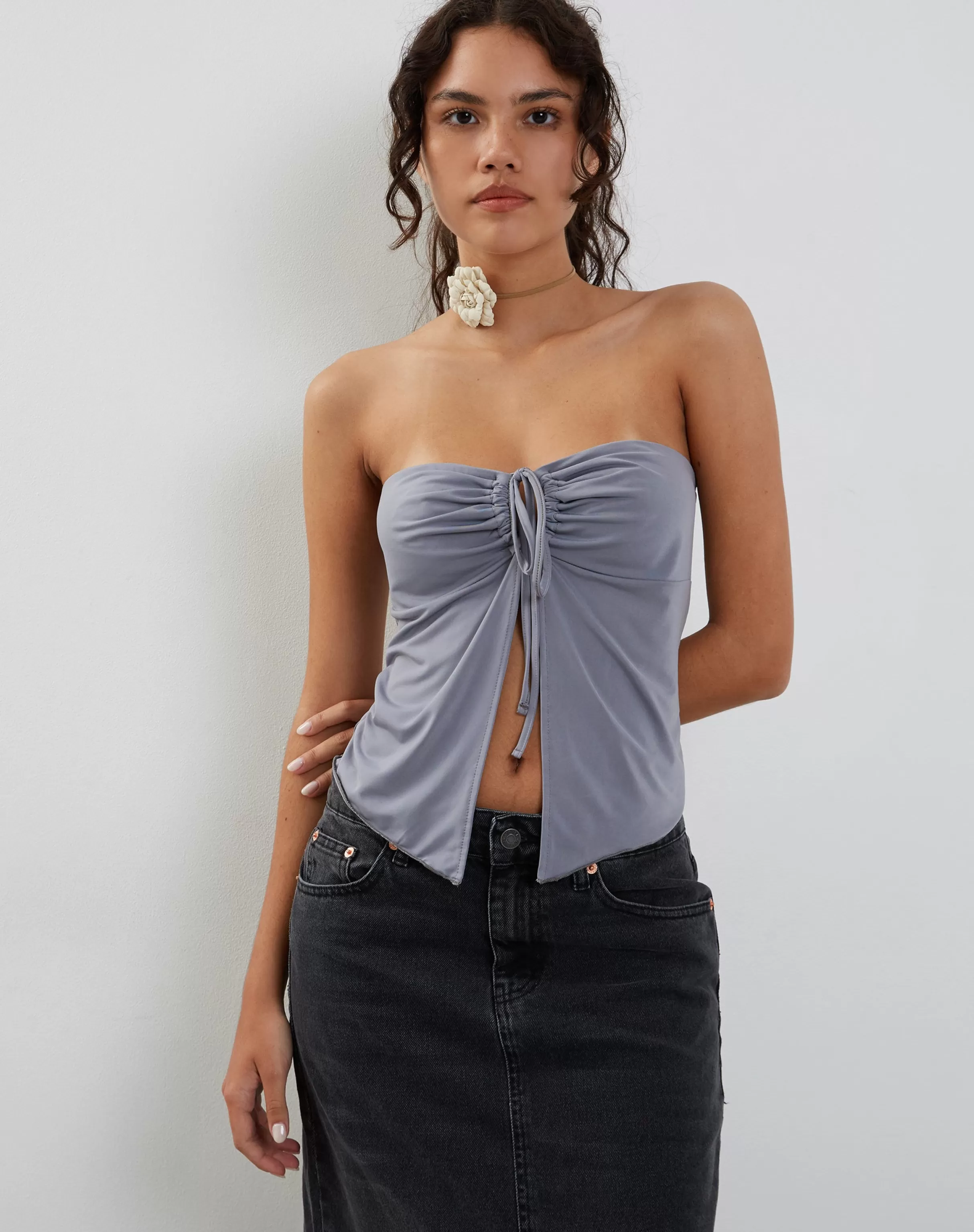 Best Sale Greta Tie Front Bandeau Top In Grey CROP TOPS | BANDEAU TOPS