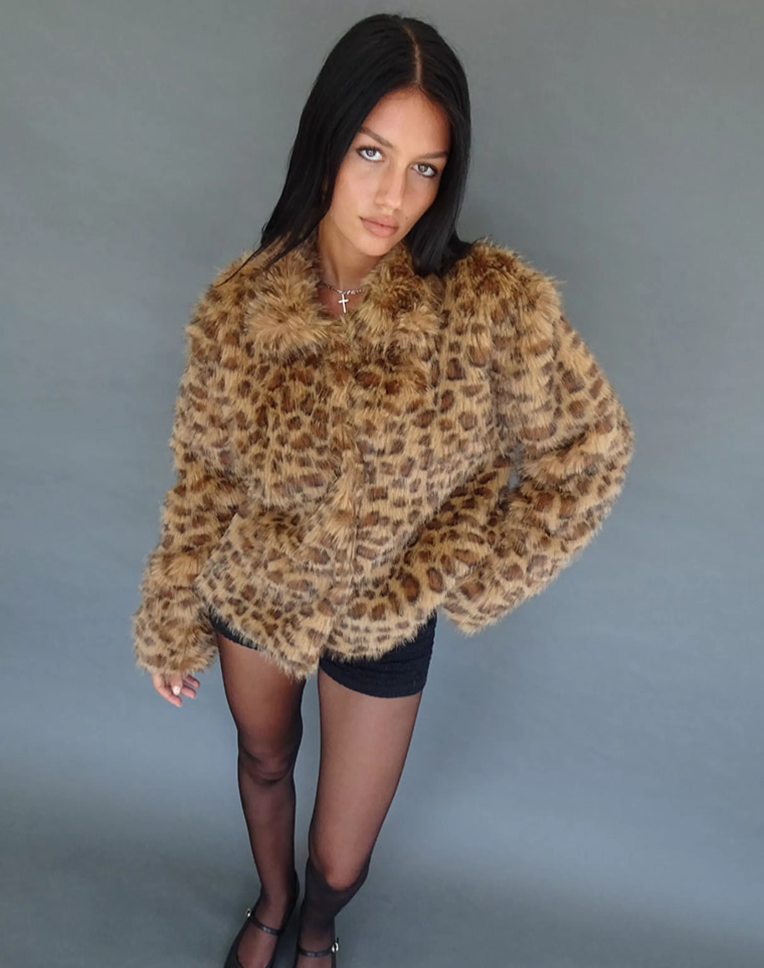 Discount Joji Crop Faux Fur Jacket In Brown Leopard JACKETS | COATS