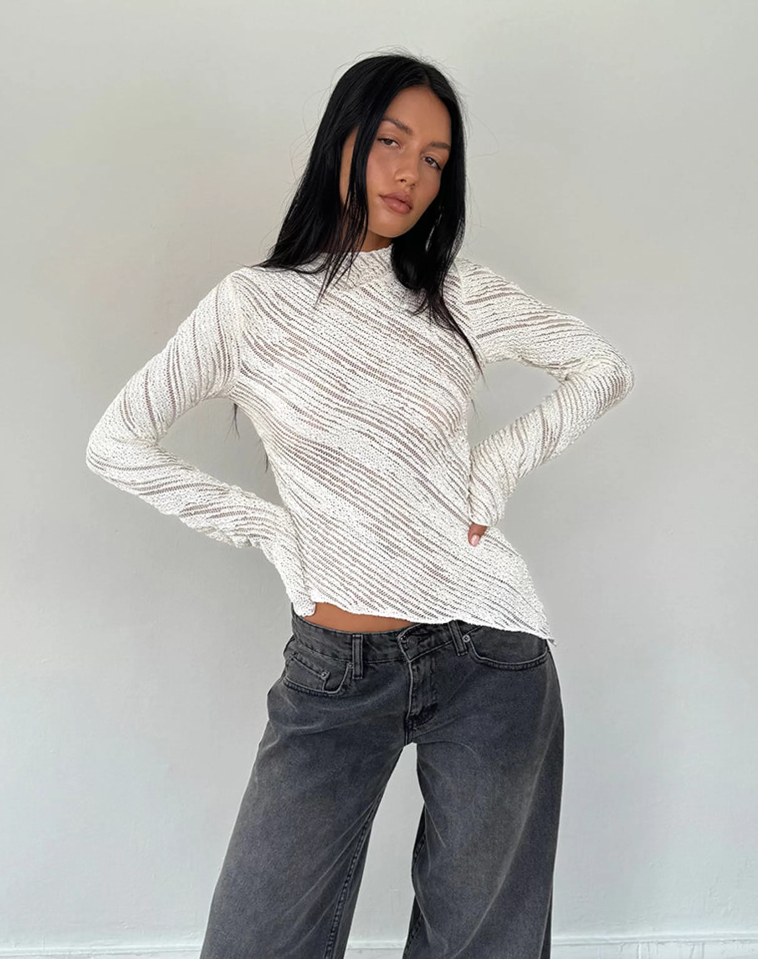 Cheap Kittie Long Sleeve Top In Textured Ivory LONG SLEEVE TOPS