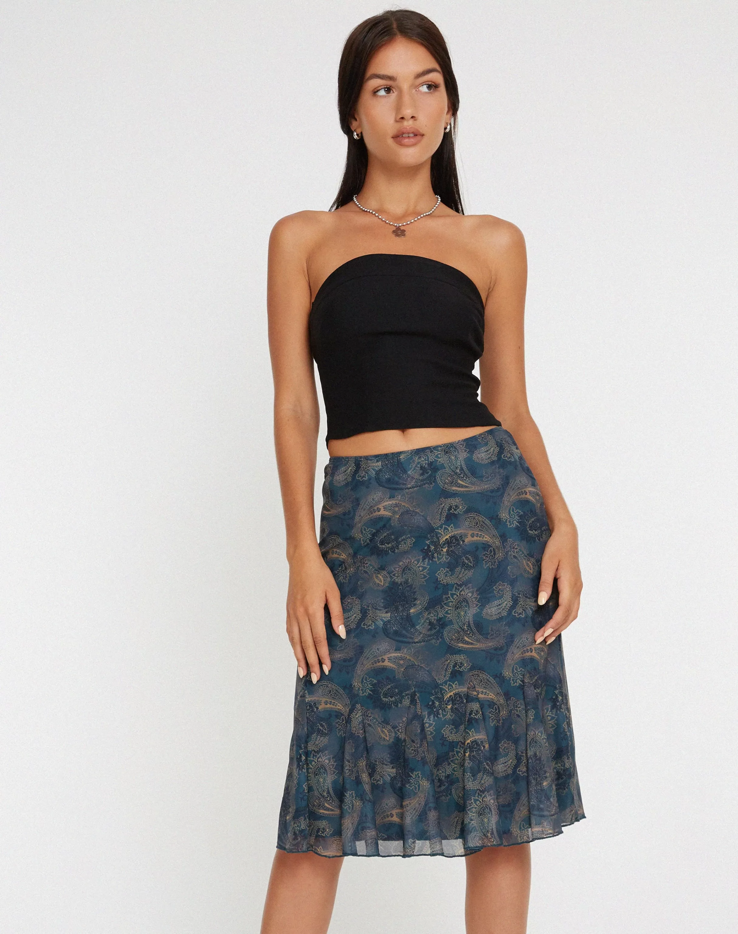 Cheap Latrix Mesh Midi Skirt In Tonal Blue Paisley PRINTED SKIRTS | A LINE SKIRTS