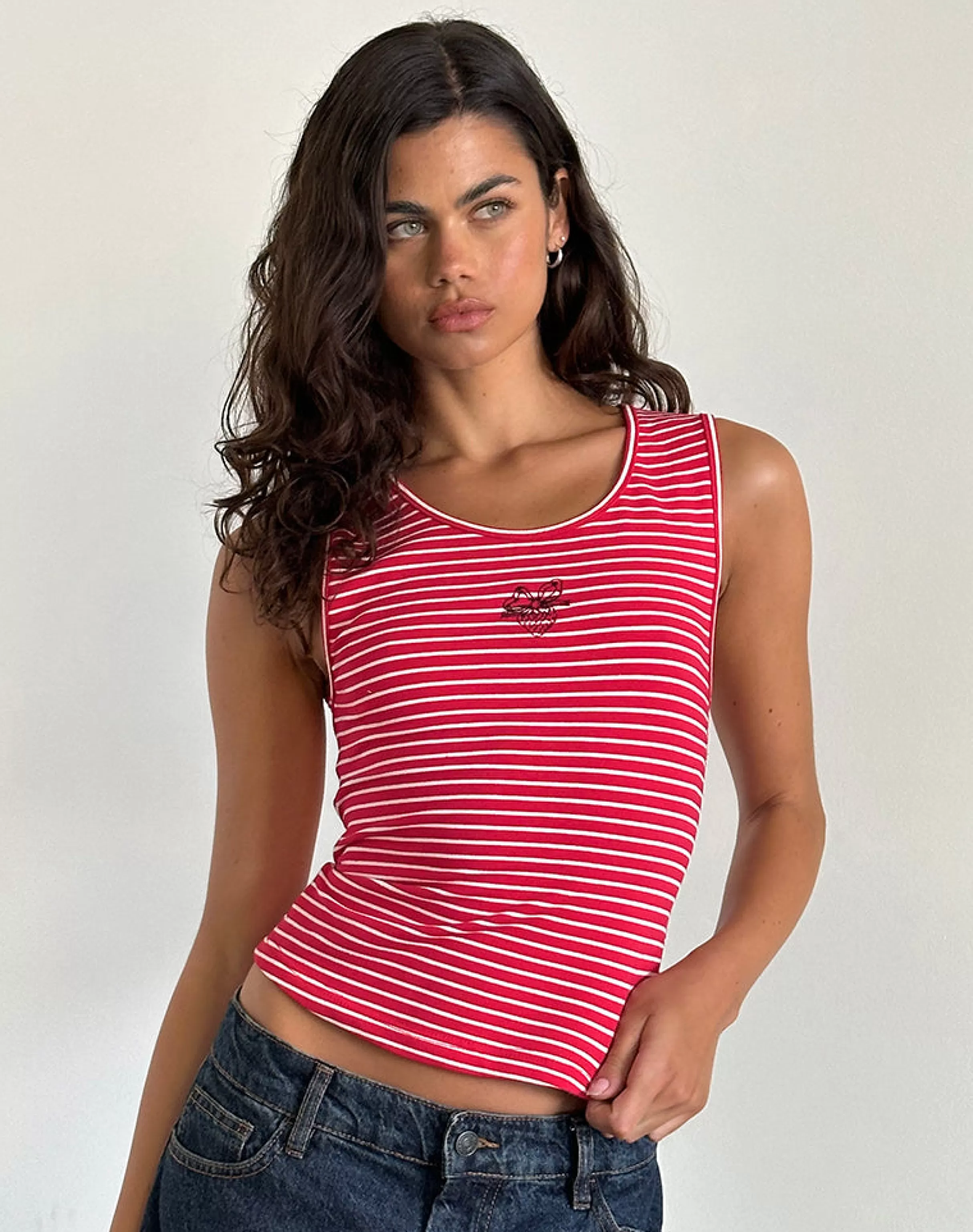 Best Sale Lorica Tank Top In Red And White Stripe With Strawberry Emb SWEET AS PIE | VEST TOPS