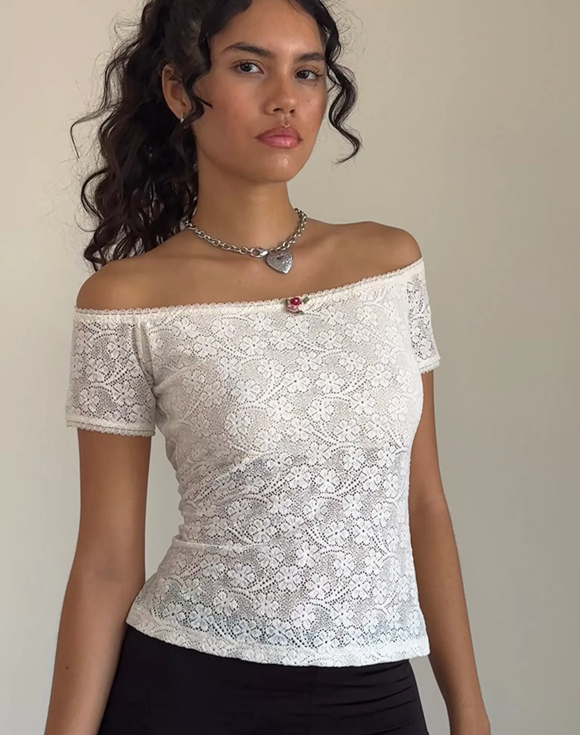 Best Sale Mageina Bardot Top In Lace Ivory GOING OUT TOPS | LACE TOPS