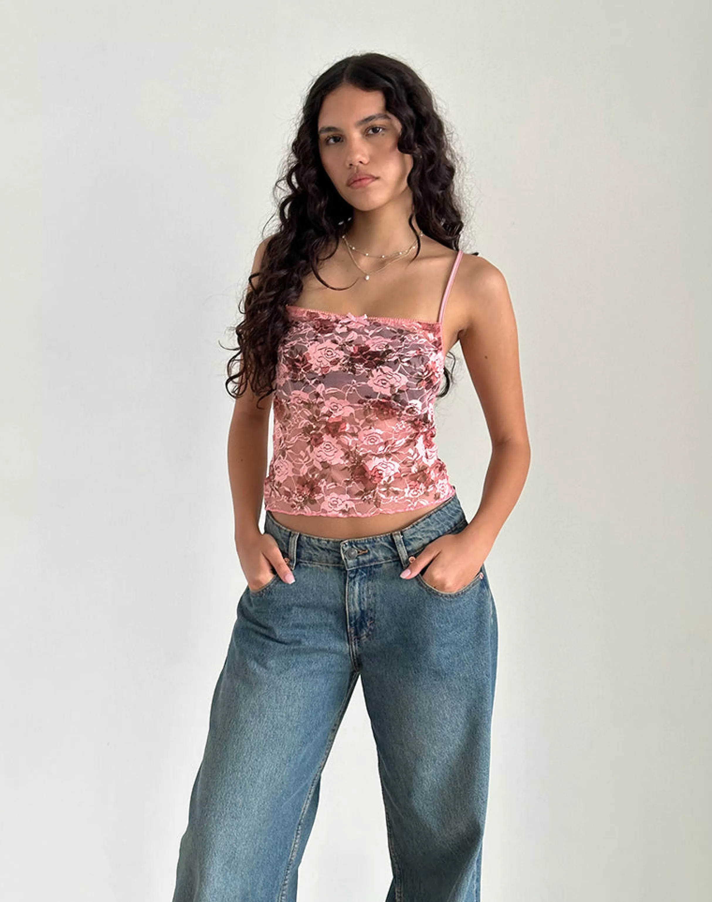 Best Magita Top In Pink Lace Floral Bloom GOING OUT TOPS | STRAPPY TOPS