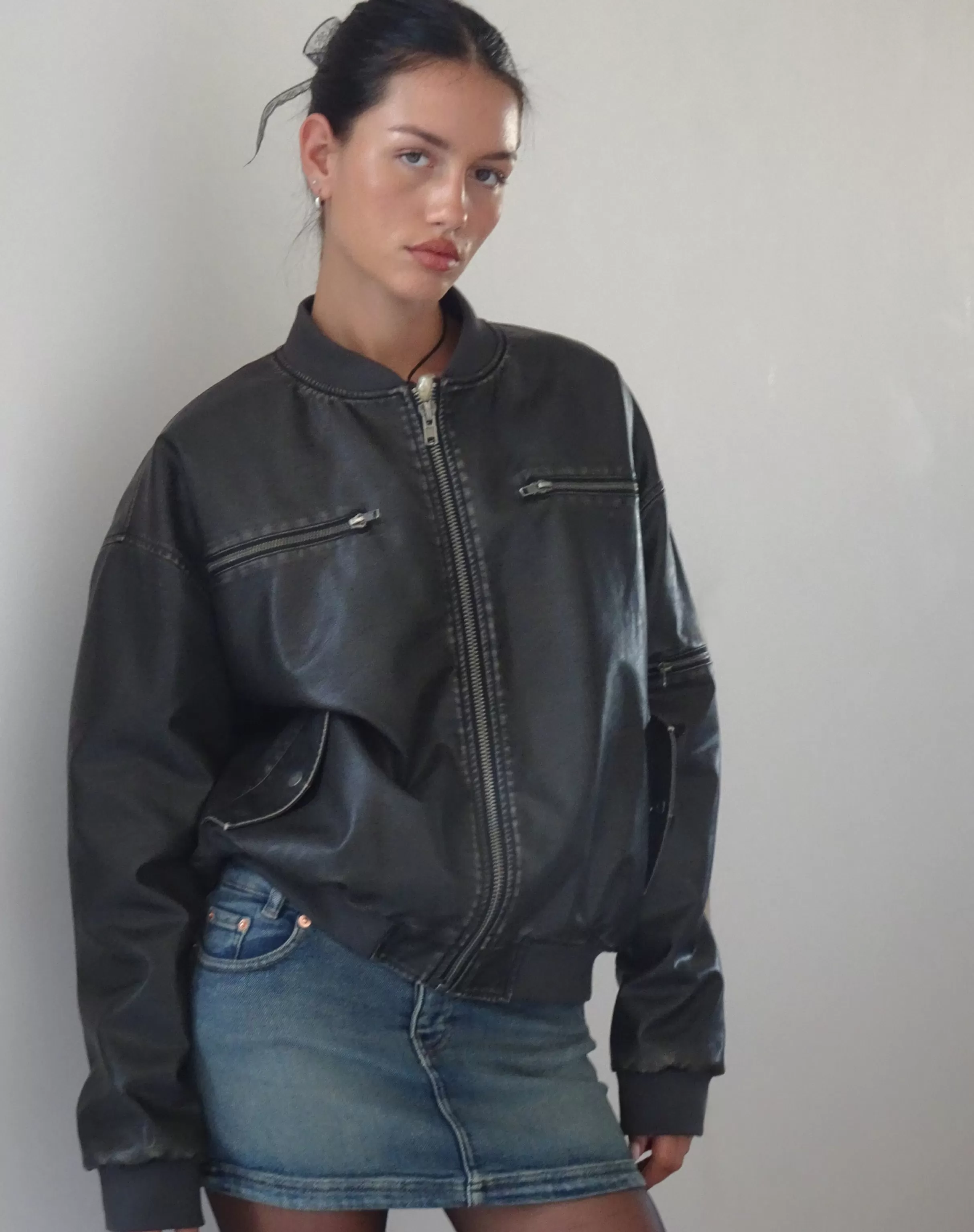 Best Sale Marco Distressed Bomber Jacket In PU Black BASICS | PU JACKETS