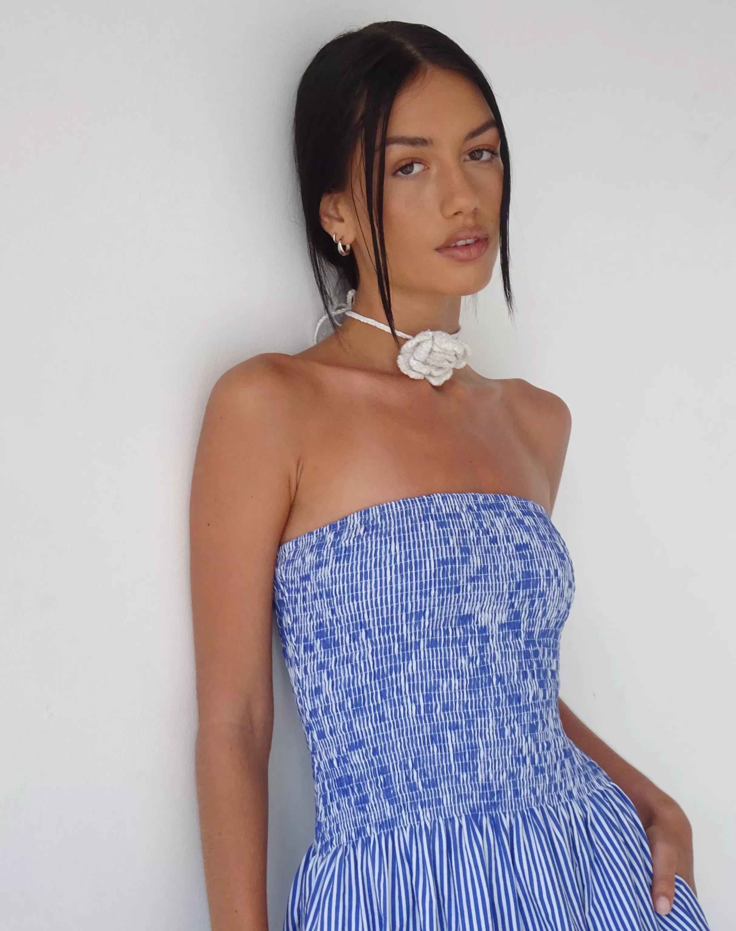 Sale MOTEL X JACQUIE Beleame Bandeau Midaxi Dress In A Blue Striped Poplin PRINTED DRESSES
