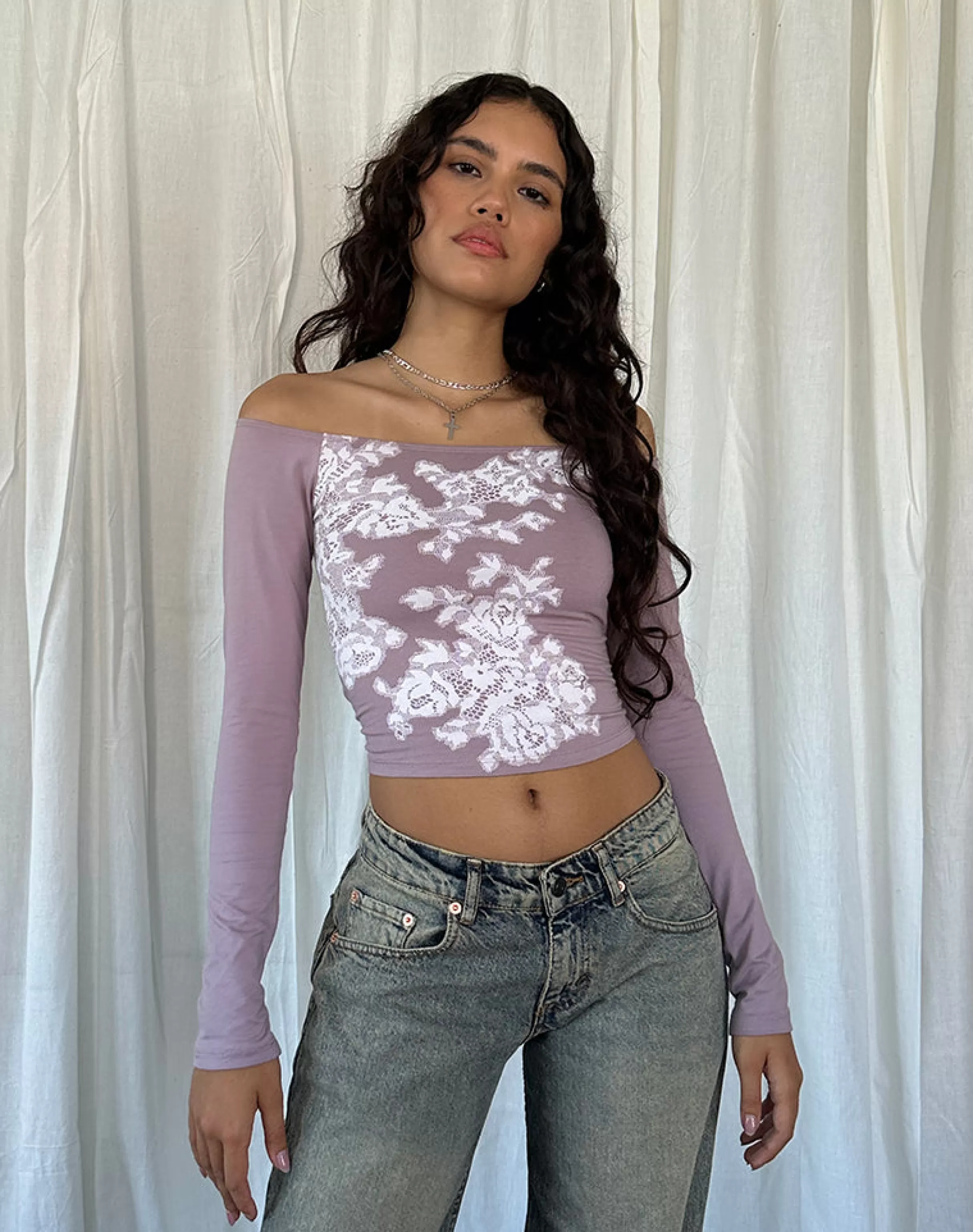 Best Sale Nauby Long Sleeve Bardot Top In Light Mauve Floral Lace PRINTED TOPS | LONG SLEEVE TOPS