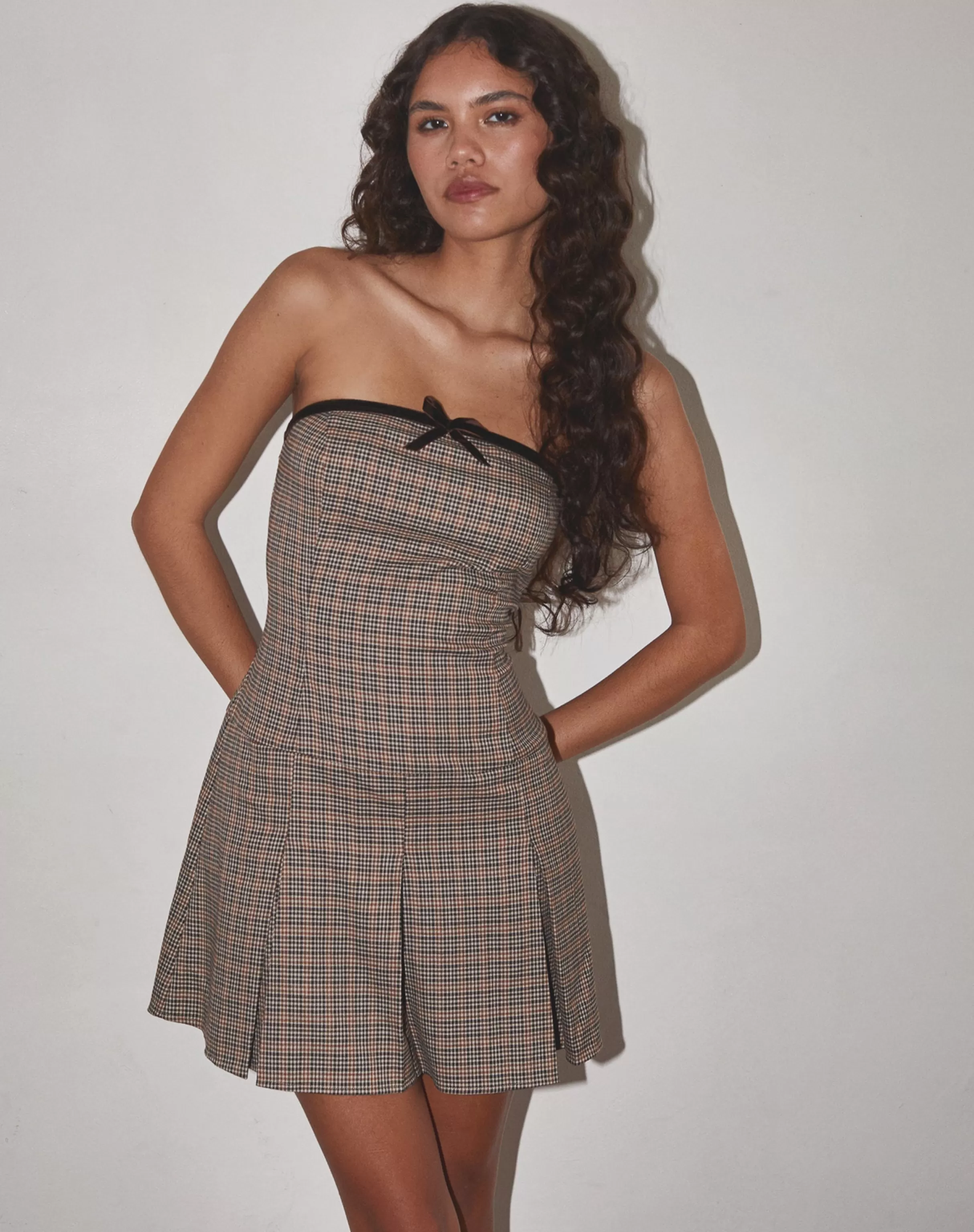 Best Panola Mini Dress In Micro Check Brown TAILORING | BANDEAU DRESSES