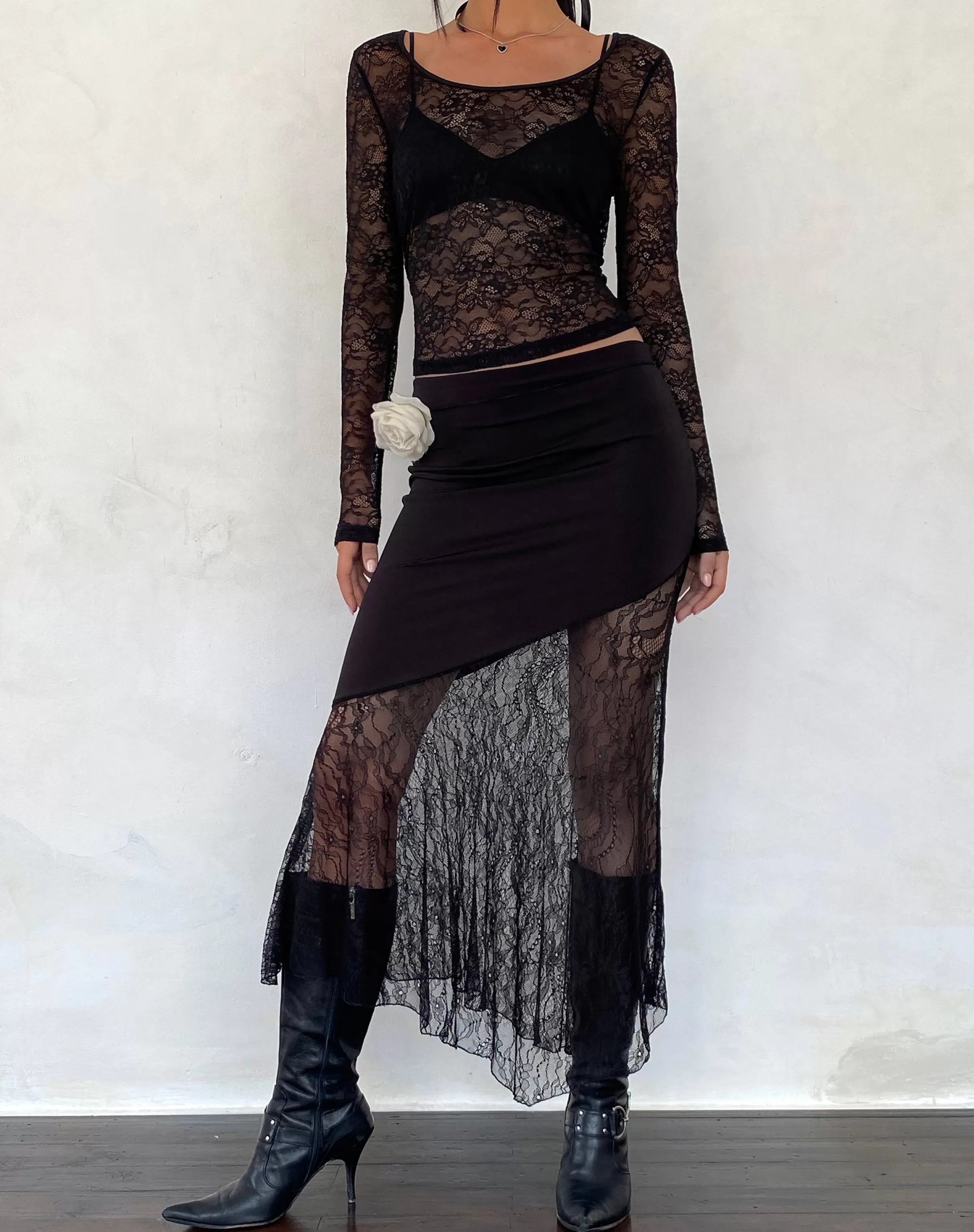 Cheap Seraphina Asymmetric Lace Hem Maxi Skirt In Black SALE SKIRTS | BODYCON SKIRTS