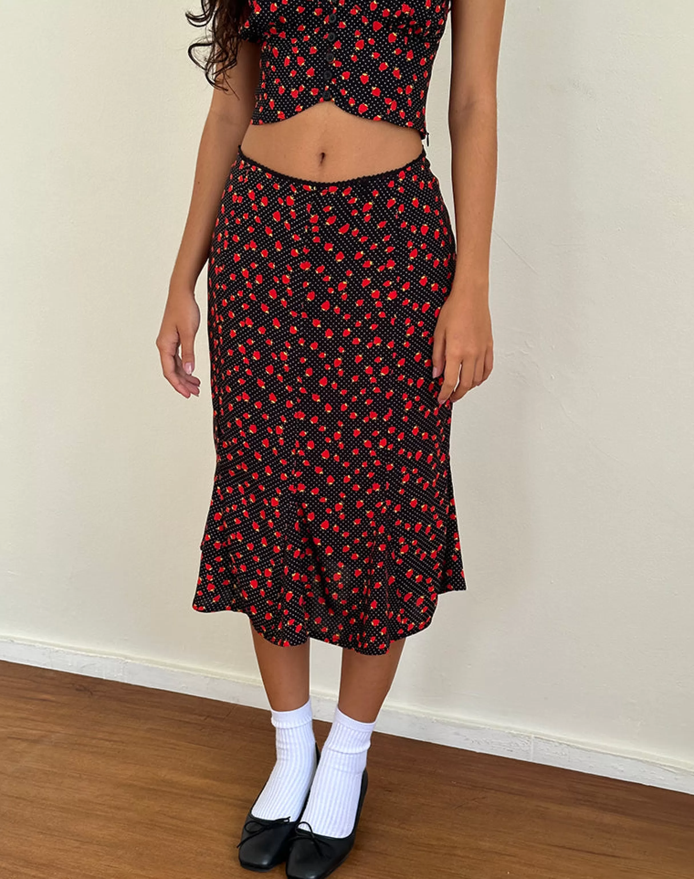 Cheap Sima Midi Skirt In Strawberry Polka Black SWEET AS PIE | CO-ORDS