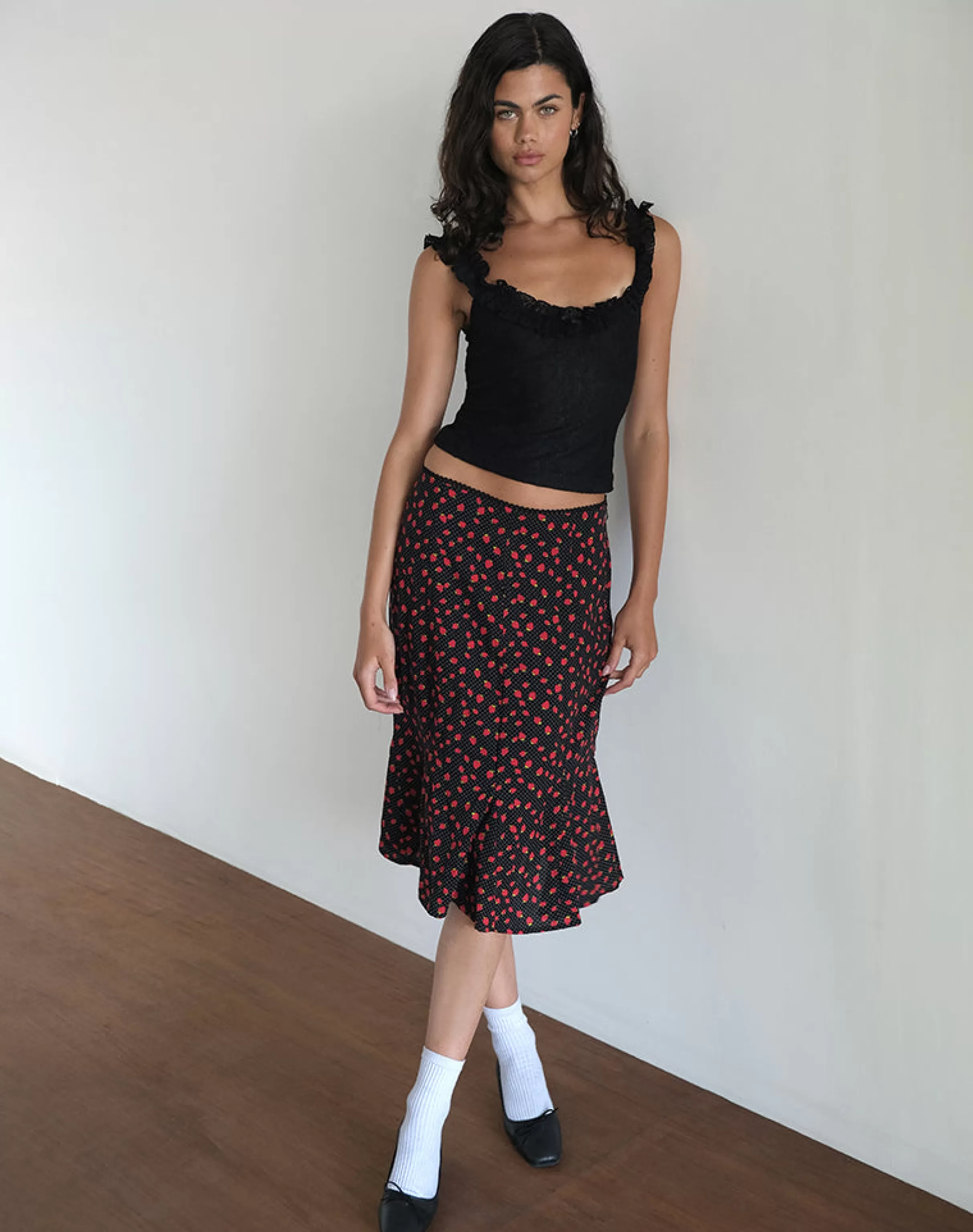 Cheap Sima Midi Skirt In Strawberry Polka Black SWEET AS PIE | CO-ORDS