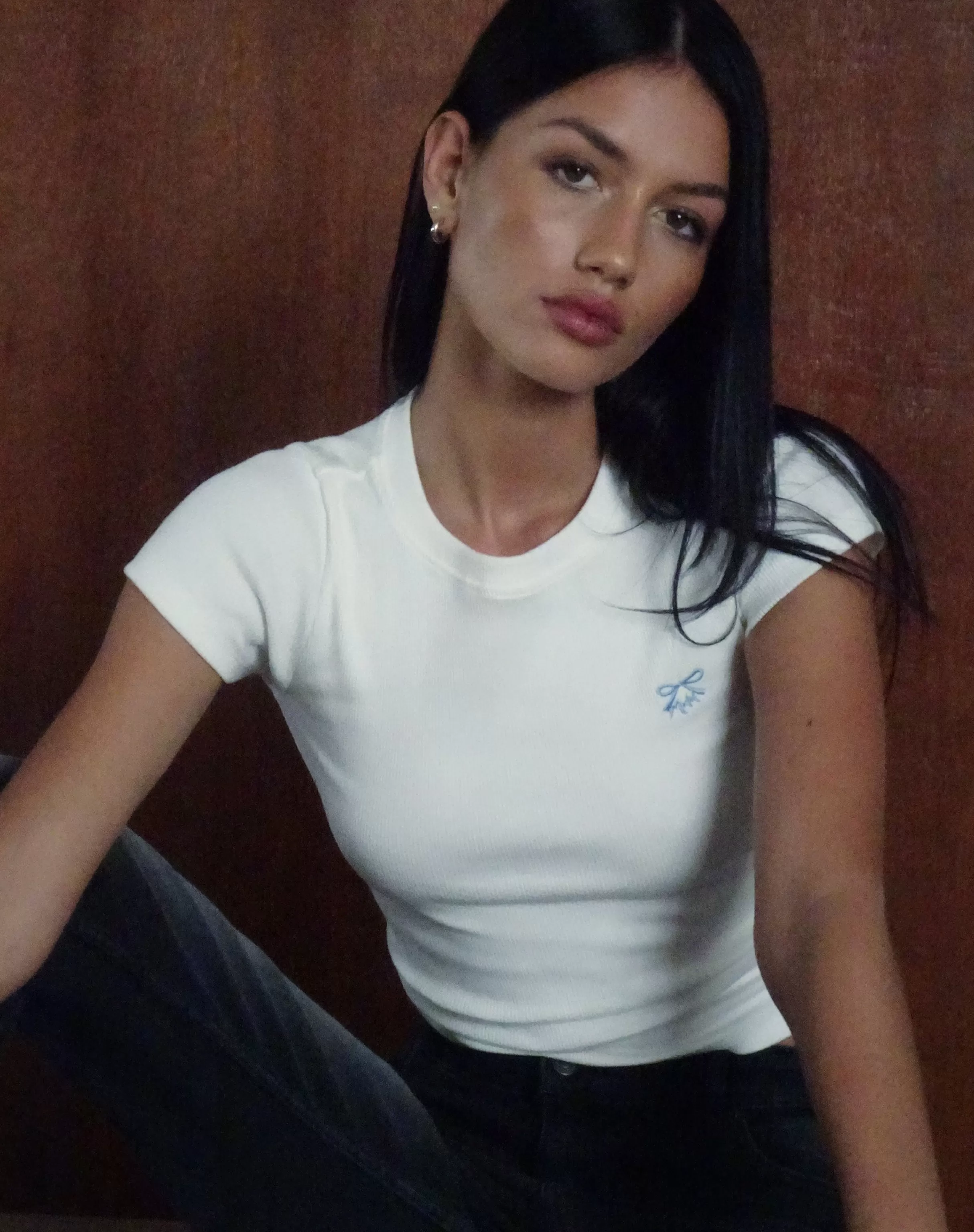 Flash Sale Suti Ribbed Baby Tee In Off White With Blue Bow M Embroidery TEES