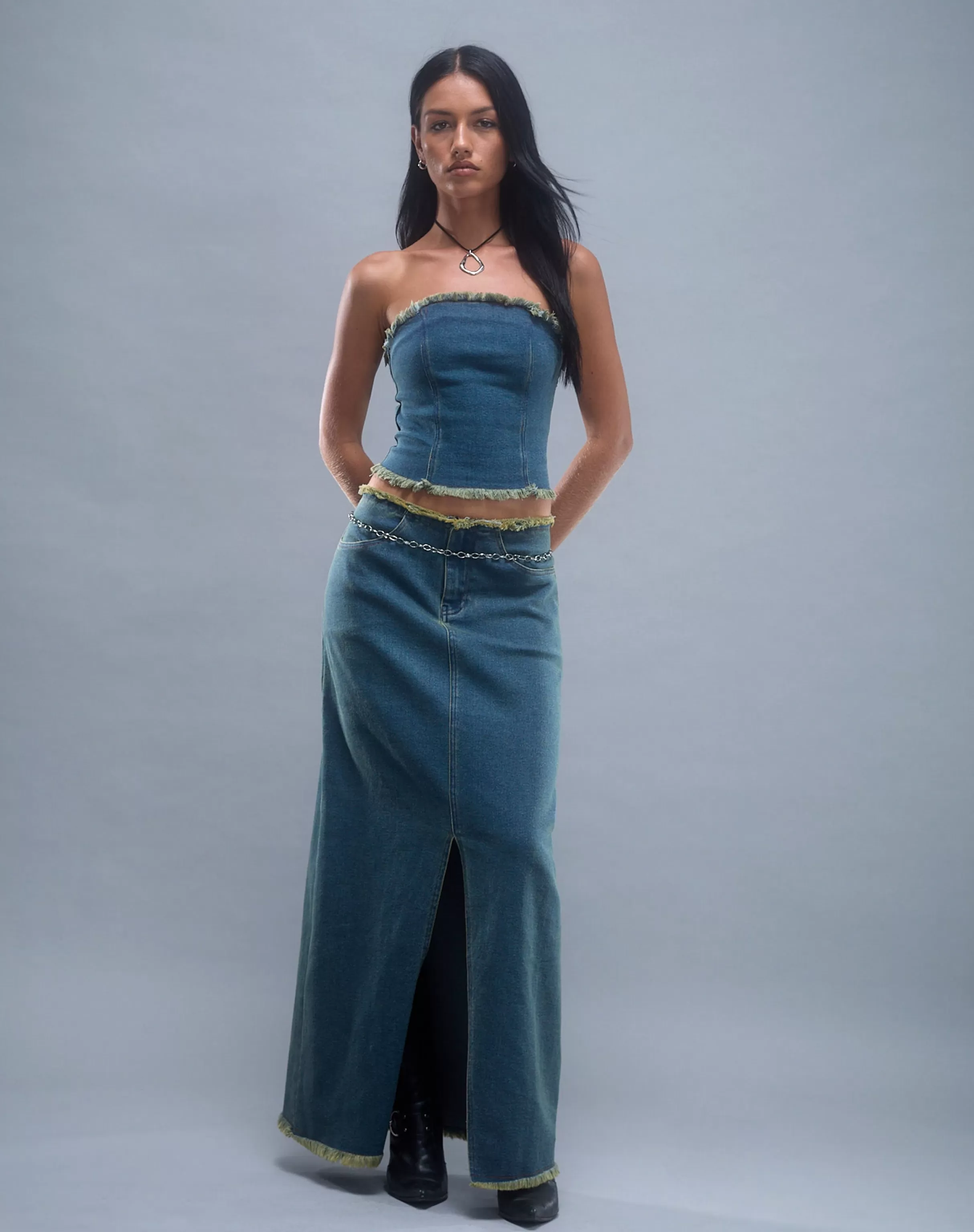 Best Sale Zaenap Frayed Denim Maxi Skirt In Brown Blue Acid A LINE SKIRTS | MAXI SKIRTS