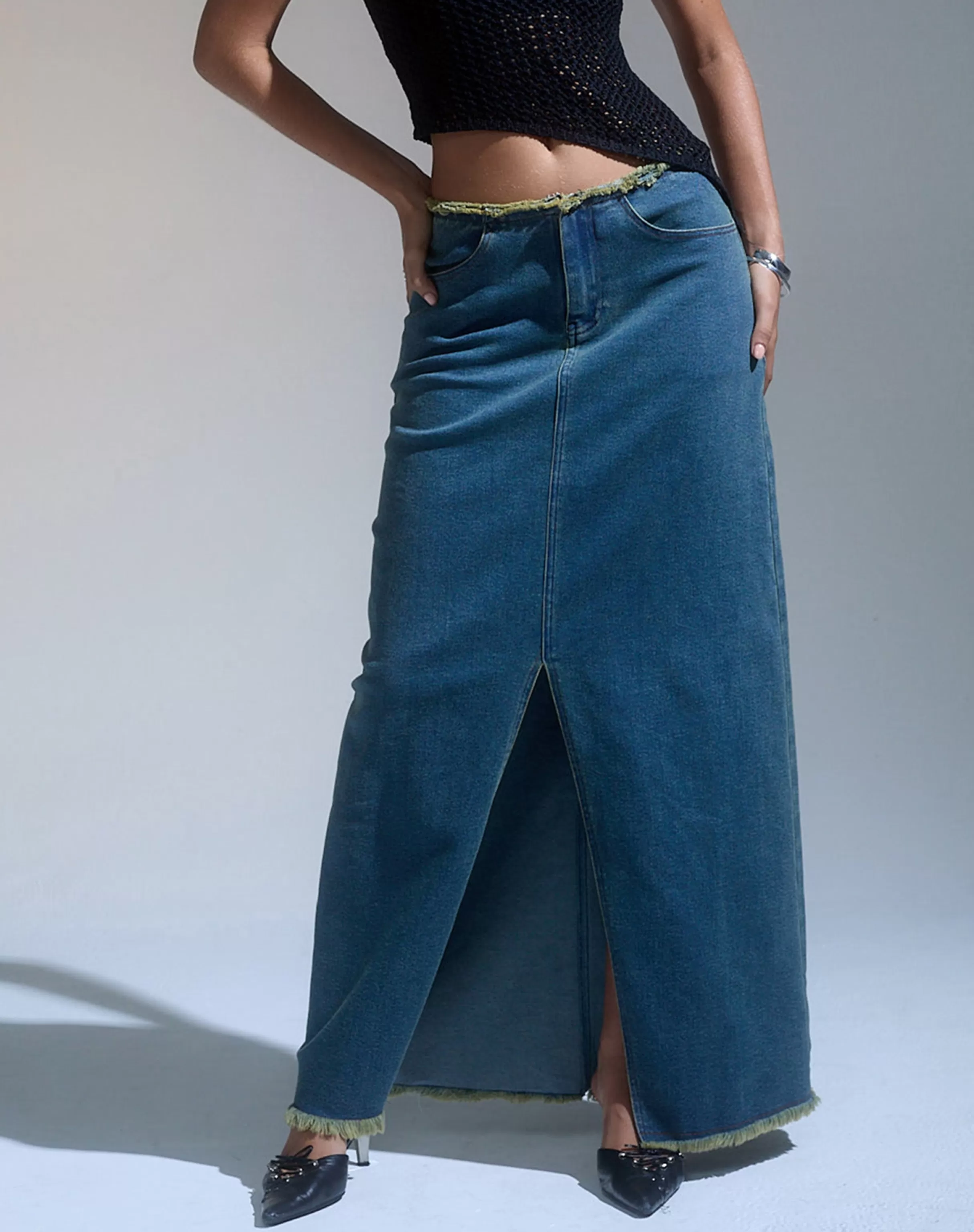 Best Sale Zaenap Frayed Denim Maxi Skirt In Brown Blue Acid A LINE SKIRTS | MAXI SKIRTS